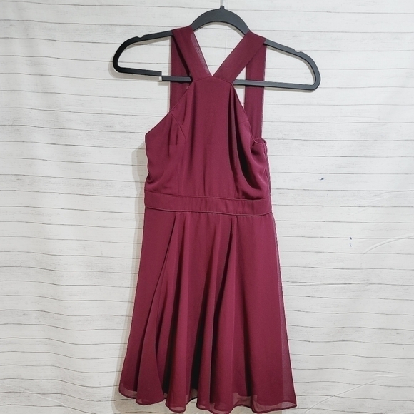 LULUS MAROON RACER BACK WIDE STRAP SKATER DRESS, W CHIFFON SKIRT OVERLAY, SZ XS - Picture 1 of 6